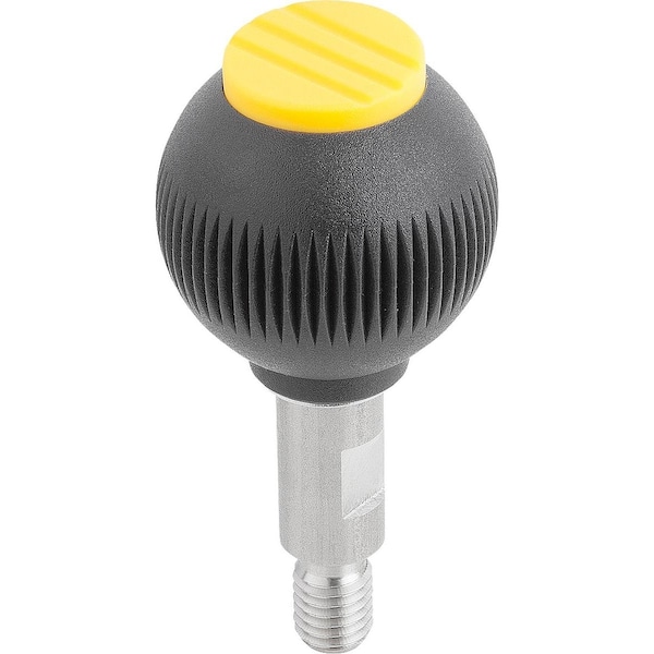 Spherical Knob Revolving Size:4, D1=50 D=M12X20, Plastic Black, Comp:Stainless, Cap:Yellow